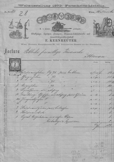 Rechnung der Fa. F. Kernreuther, Feuerlöschgerätefabrik aus Wien, über 132 Gulden für gelieferte Geräte an die Feuerwehr Abtenau